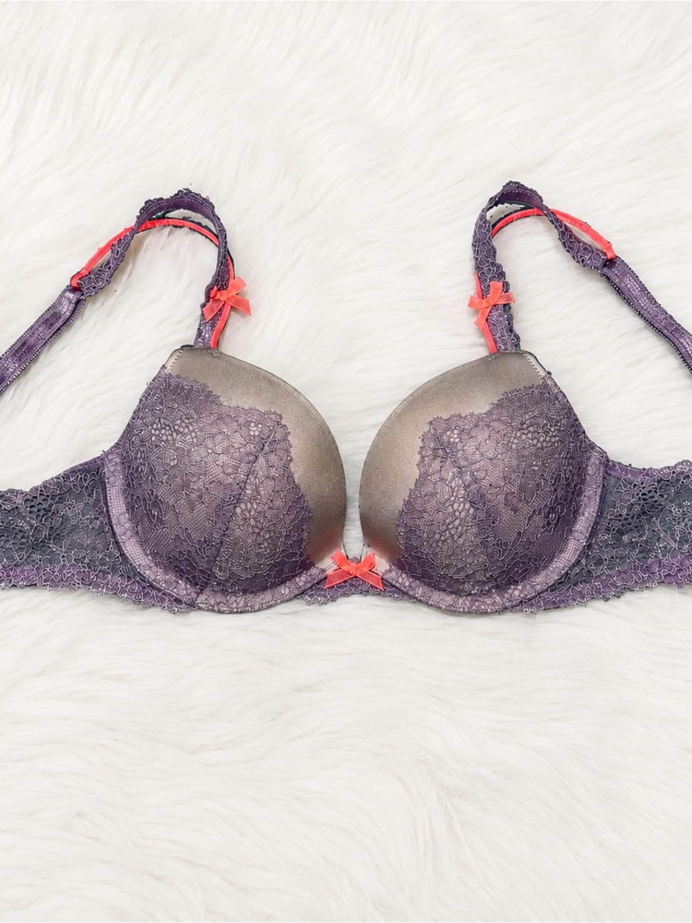 Purple Lace Push-Up Bra with Coral Accents